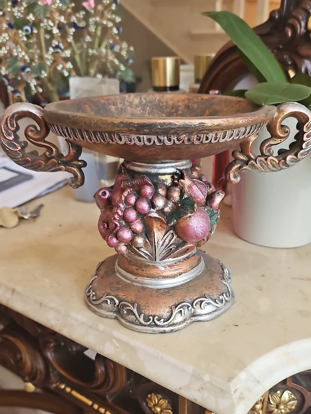 Decorative Metallic Fruit Urn - Pink Accents